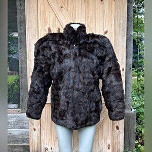 Vintage Retro 80s Greg Bell Mid Length Brown Zip Rabbit Fur Coat~M~